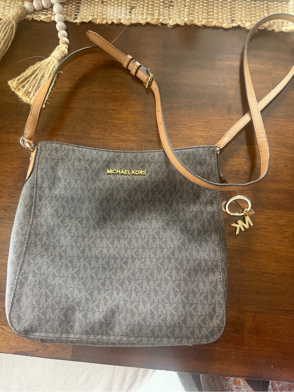 Michael Kors Brown & Tan Logo Crossbody with Gold Hardware